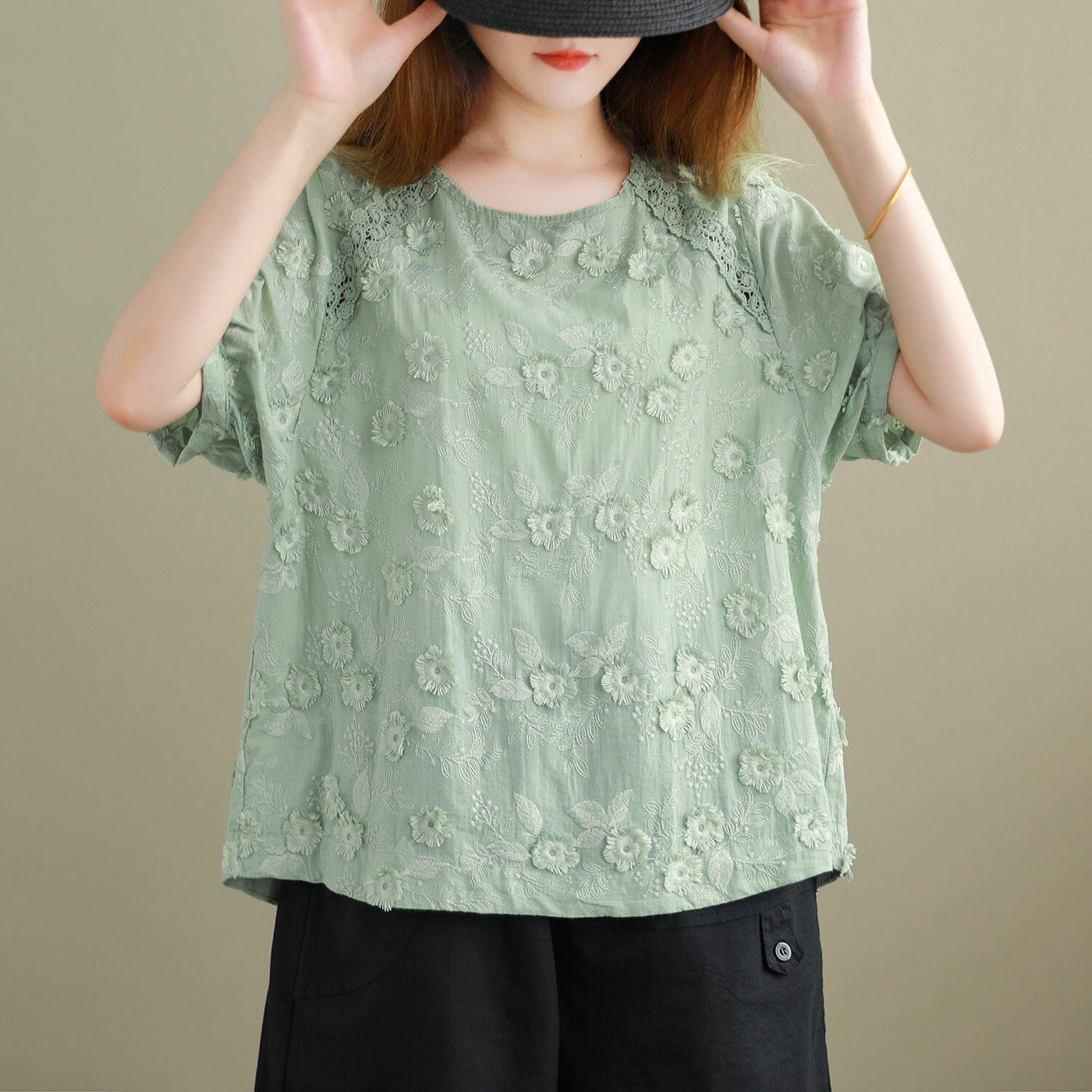 Summer Retro Casual Solid Floral Embroidery T-Shirt