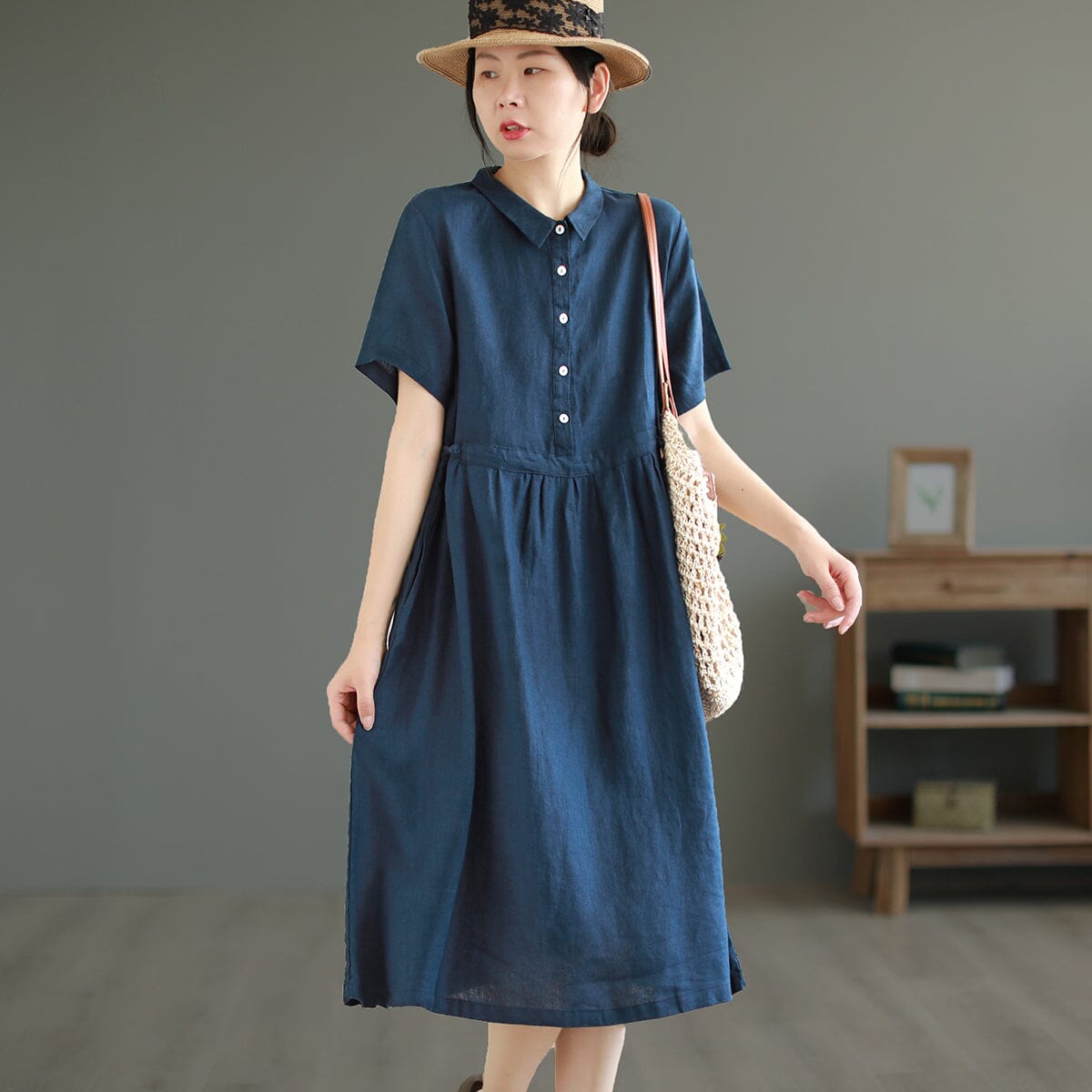 Summer Retro Casual Solid Linen A-Line Dress May 2023 New Arrival One Size Blue 