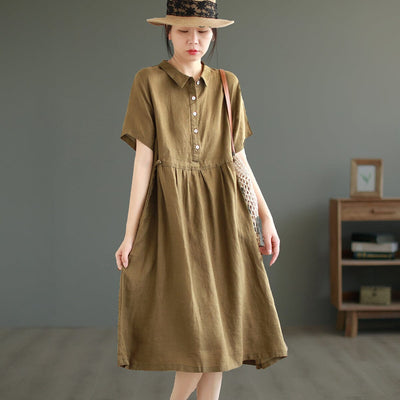 Summer Retro Casual Solid Linen A-Line Dress May 2023 New Arrival One Size Coffee 