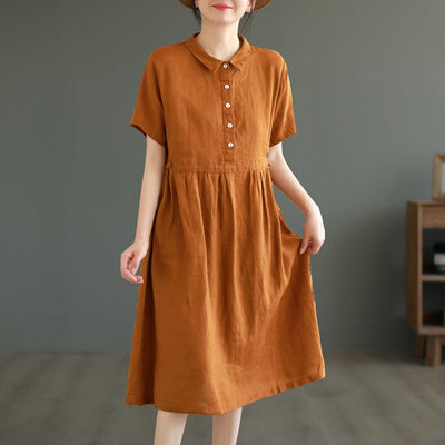 Summer Retro Casual Solid Linen A-Line Dress May 2023 New Arrival One Size Orange 