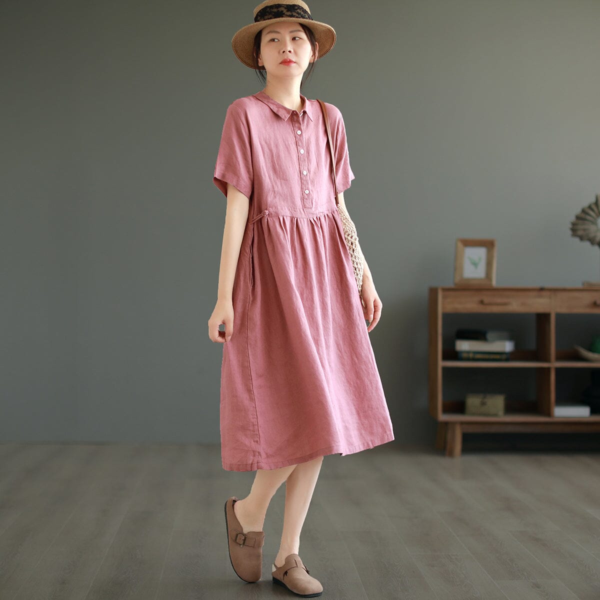 Summer Retro Casual Solid Linen A-Line Dress May 2023 New Arrival One Size Pink 