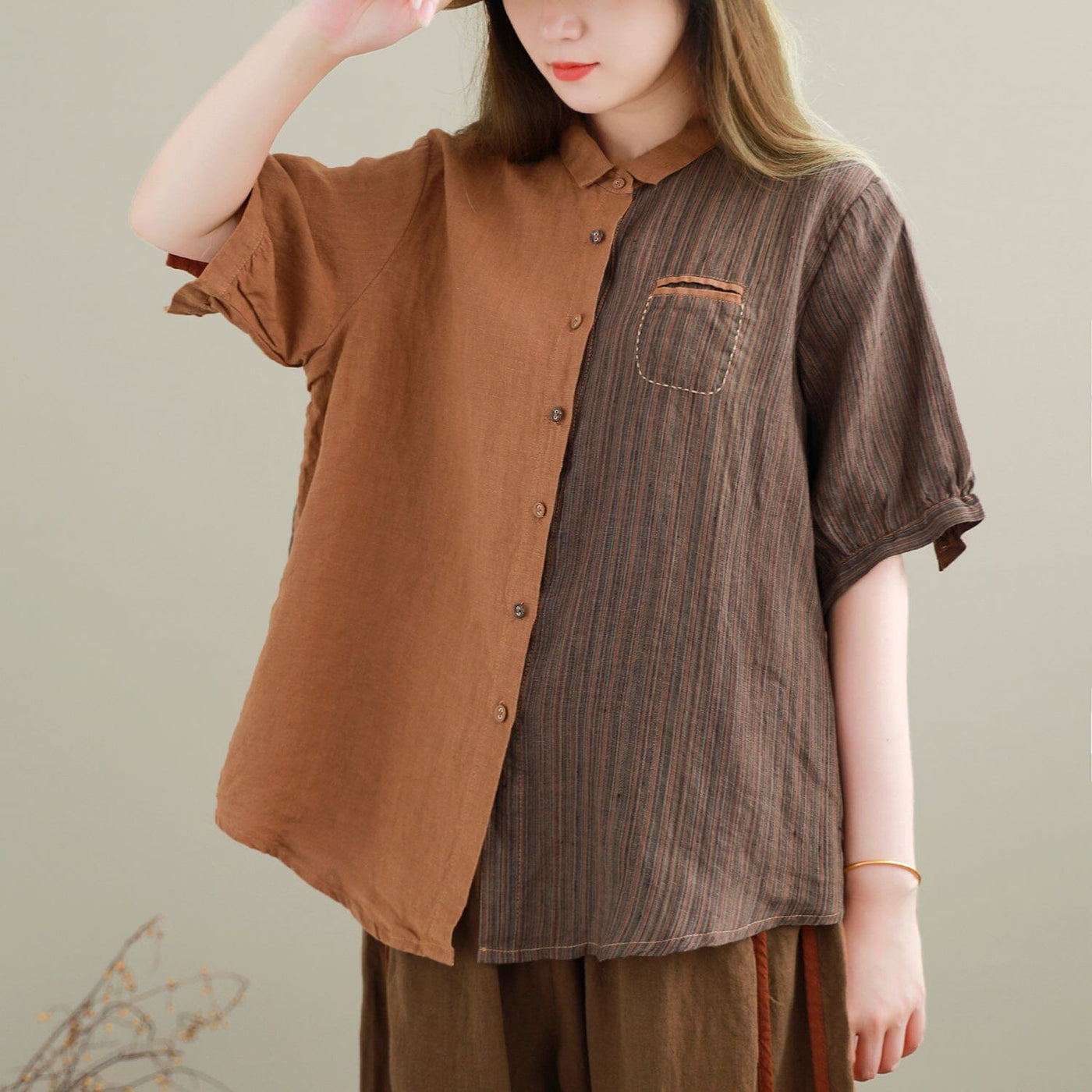 Summer Retro Color Matching Patchwork Linen Blouse Jun 2023 New Arrival One Size Coffee 