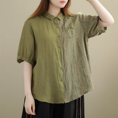 Summer Retro Color Matching Patchwork Linen Blouse Jun 2023 New Arrival One Size Green 