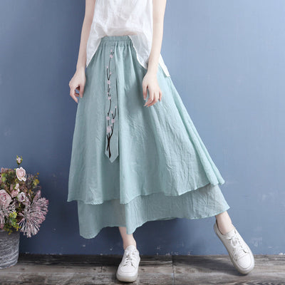 Summer Retro Cotton Linen Floral Embroidery Ribbon Skirt