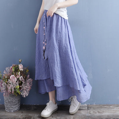 Summer Retro Cotton Linen Floral Embroidery Ribbon Skirt