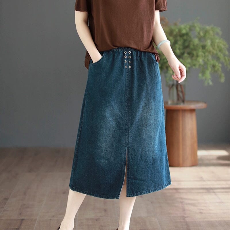 Summer Retro Denim Split A-Line Skirt