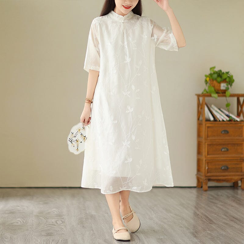 Summer Retro Embroidery Casual Cotton Linen Dress Jul 2023 New Arrival M Whit 