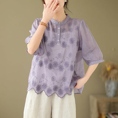 Summer Retro Embroidery Casual Linen T-Shirt