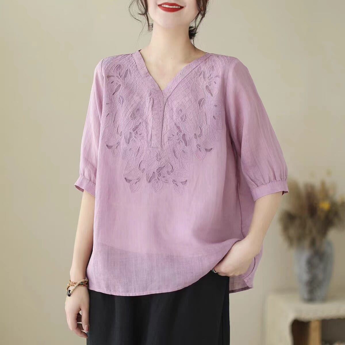Summer Retro Embroidery Casual Linen V-Neck T-Shirt May 2023 New Arrival 