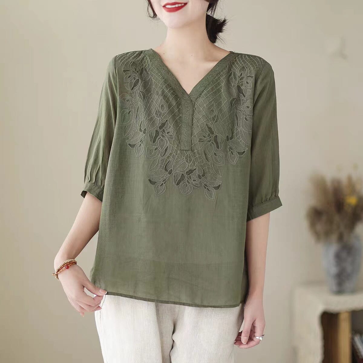 Summer Retro Embroidery Casual Linen V-Neck T-Shirt May 2023 New Arrival Green One Size 