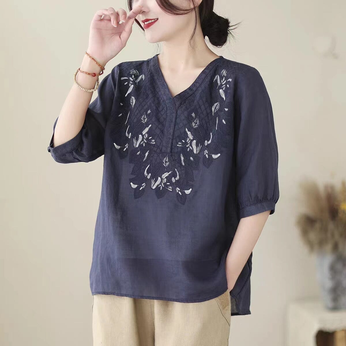 Summer Retro Embroidery Casual Linen V-Neck T-Shirt May 2023 New Arrival Navy One Size 