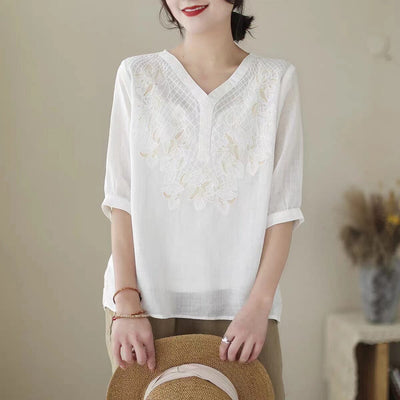 Summer Retro Embroidery Casual Linen V-Neck T-Shirt May 2023 New Arrival White One Size 