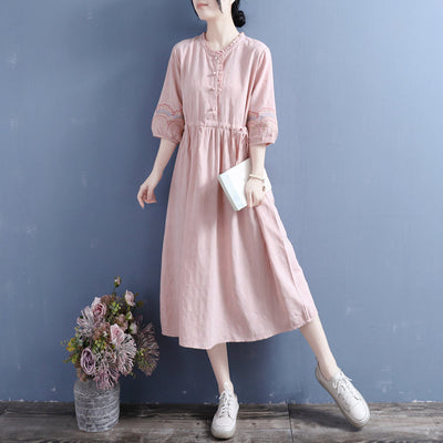 Summer Retro Embroidery Cotton Linen Midi Dress