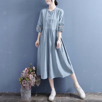 Summer Retro Embroidery Cotton Linen Midi Dress May 2022 New Arrival One Size Blue 