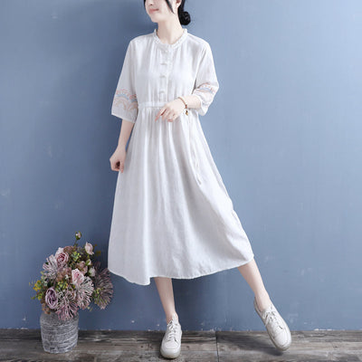 Summer Retro Embroidery Cotton Linen Midi Dress