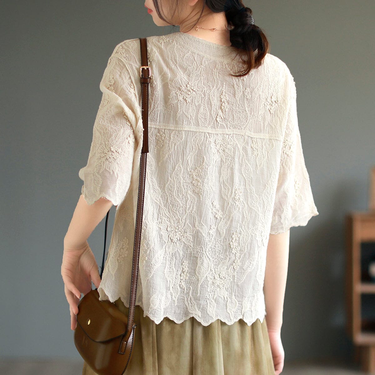 Summer Retro Embroidery Lace Casual V-Neck Blouse