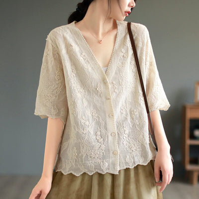 Summer Retro Embroidery Lace Casual V-Neck Blouse May 2023 New Arrival One Size Beige 