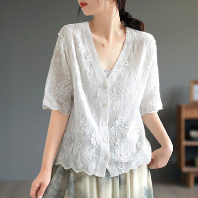Summer Retro Embroidery Lace Casual V-Neck Blouse May 2023 New Arrival One Size White 