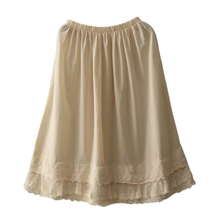 Summer Retro Embroidery Lace Trim Cotton Linen Skirt