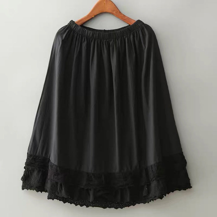 Summer Retro Embroidery Lace Trim Cotton Linen Skirt