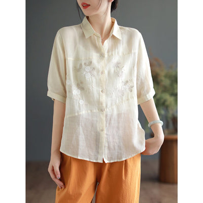 Summer Retro Embroidery Linen Casual Blouse Jul 2023 New Arrival One Size Apricot 