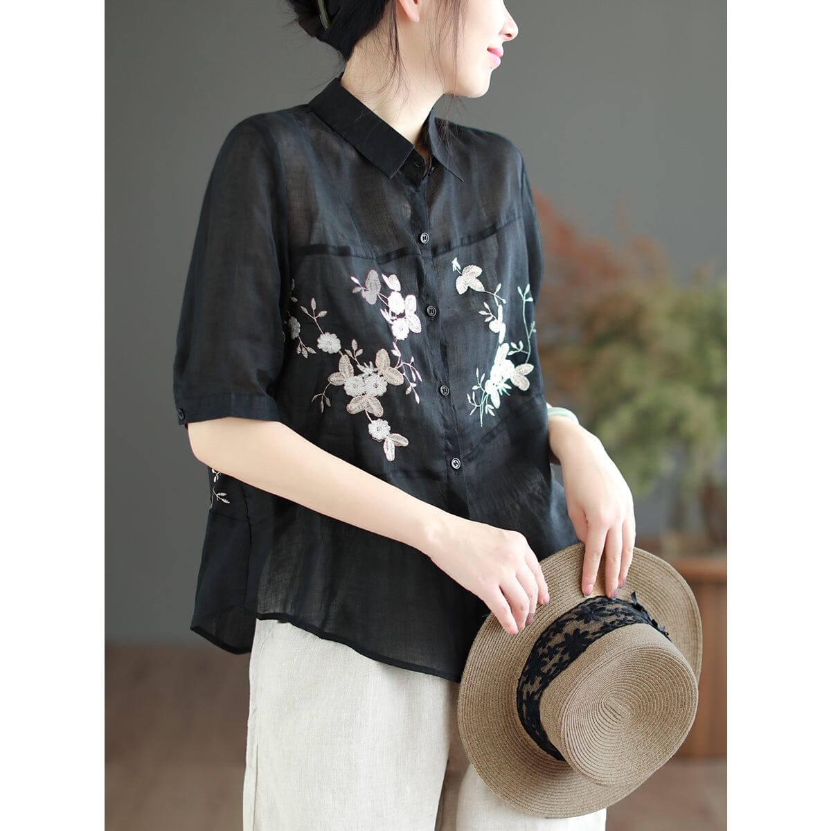 Summer Retro Embroidery Linen Casual Blouse Jul 2023 New Arrival One Size Black 