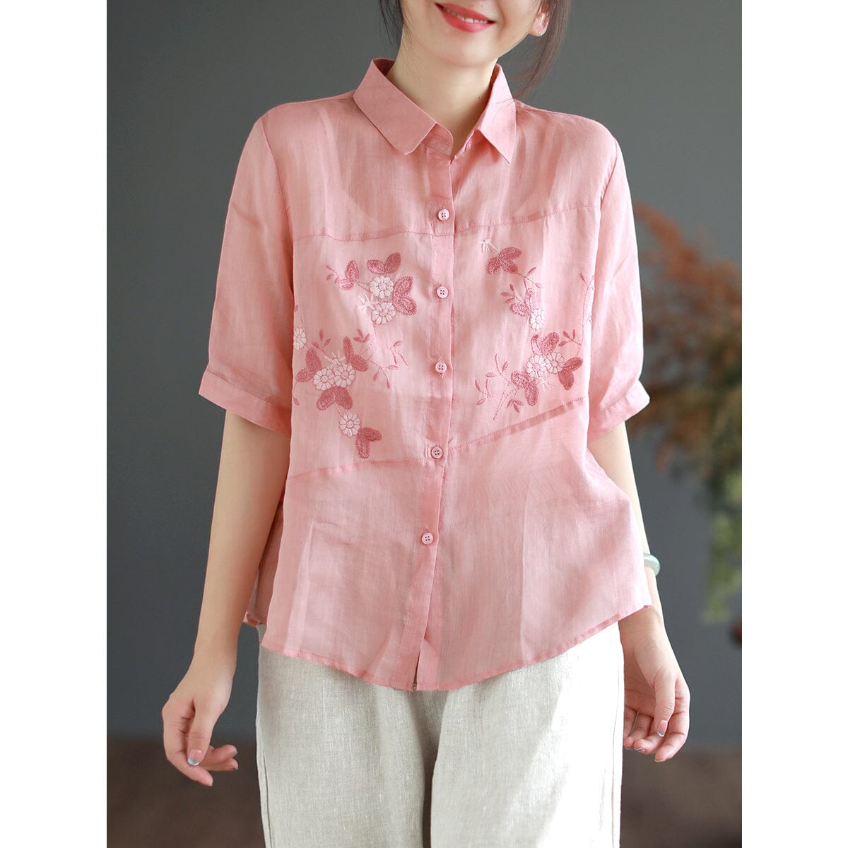 Summer Retro Embroidery Linen Casual Blouse Jul 2023 New Arrival One Size Pink 