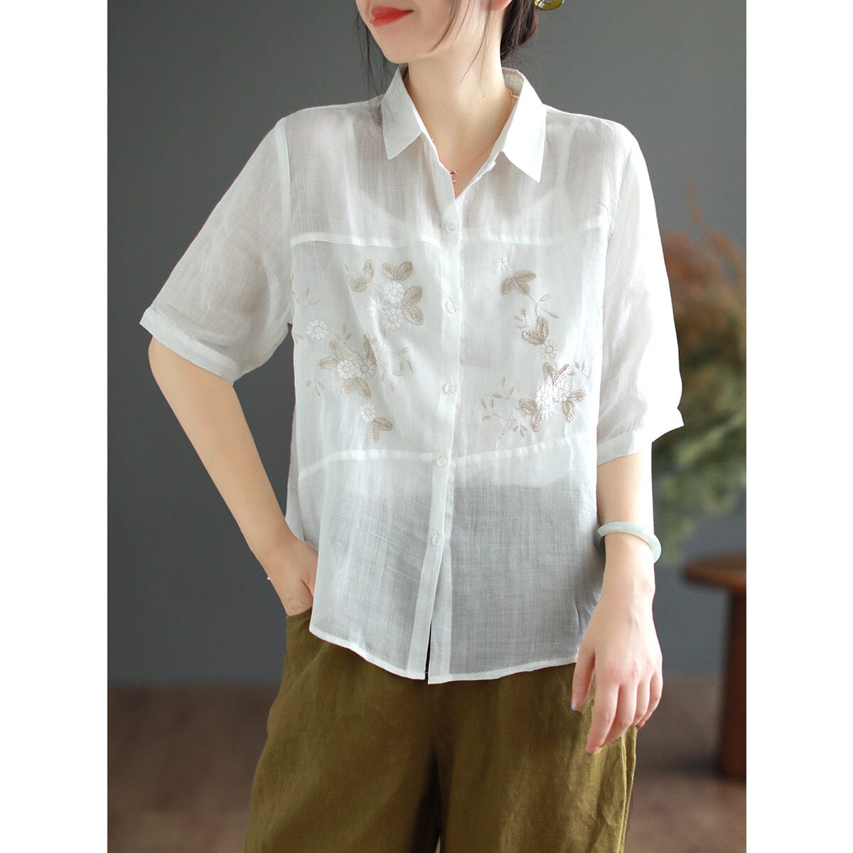 Summer Retro Embroidery Linen Casual Blouse Jul 2023 New Arrival One Size White 
