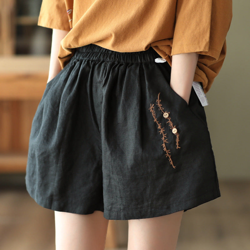 Summer Retro Embroidery Linen Loose Casual Shorts Aug 2022 New Arrival Black One Size 