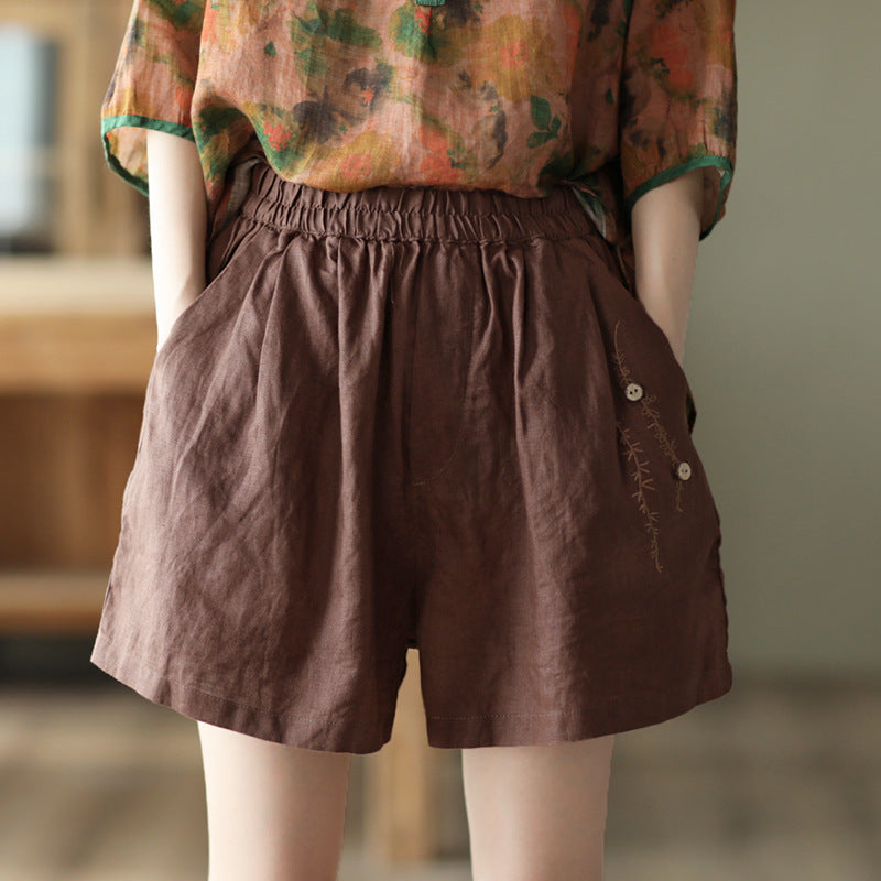 Summer Retro Embroidery Linen Loose Casual Shorts Aug 2022 New Arrival Brown One Size 