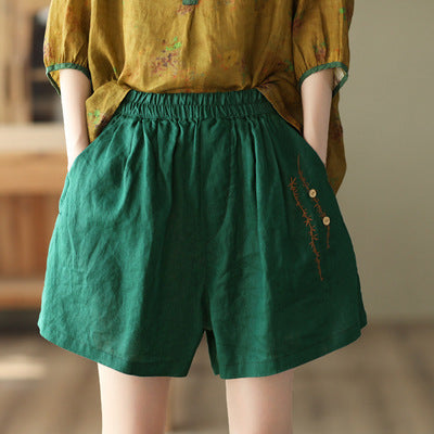Summer Retro Embroidery Linen Loose Casual Shorts Aug 2022 New Arrival Green One Size 