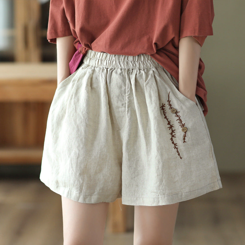 Summer Retro Embroidery Linen Loose Casual Shorts Aug 2022 New Arrival Linen One Size 