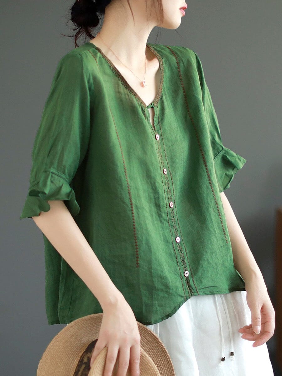 Summer Retro Embroidery Loose Cotton Linen T-Shirt Jun 2023 New Arrival 