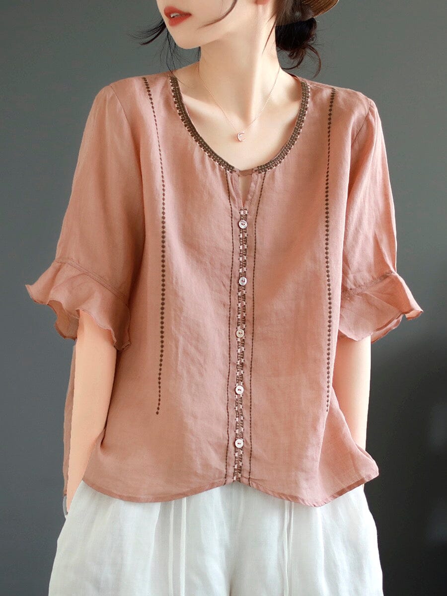Summer Retro Embroidery Loose Cotton Linen T-Shirt Jun 2023 New Arrival 