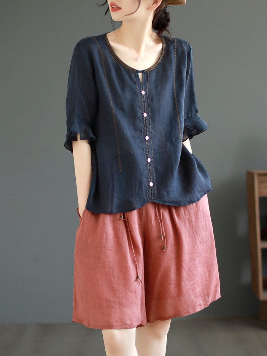 Summer Retro Embroidery Loose Cotton Linen T-Shirt Jun 2023 New Arrival L Blue 