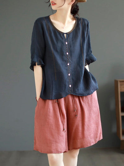 Summer Retro Embroidery Loose Cotton Linen T-Shirt Jun 2023 New Arrival L Blue 