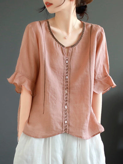 Summer Retro Embroidery Loose Cotton Linen T-Shirt Jun 2023 New Arrival L Orange 