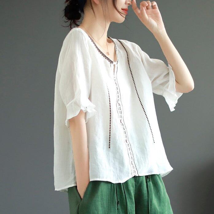 Summer Retro Embroidery Loose Cotton Linen T-Shirt Jun 2023 New Arrival L White 