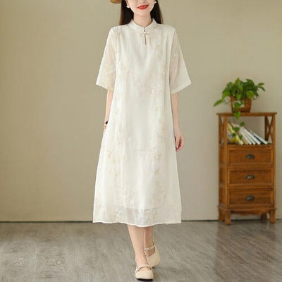 Summer Retro Embroidery Loose Dress Jun 2023 New Arrival M White 