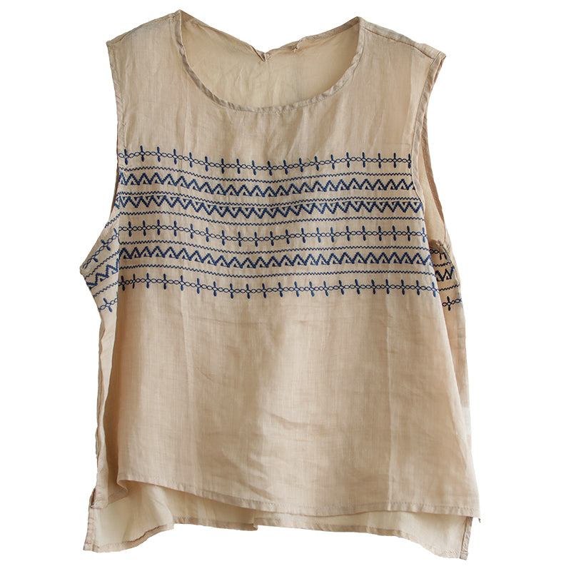 Summer Retro Embroidery Loose Thin Linen Vest For Women