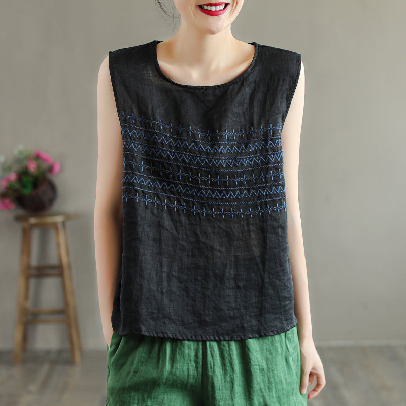 Summer Retro Embroidery Loose Thin Linen Vest For Women Jul 2022 New Arrival One Size Black 