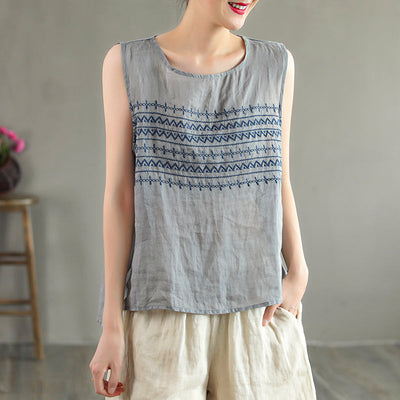 Summer Retro Embroidery Loose Thin Linen Vest For Women Jul 2022 New Arrival One Size Gray 