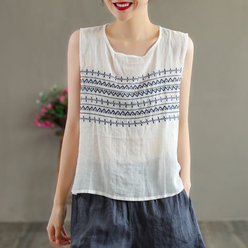 Summer Retro Embroidery Loose Thin Linen Vest For Women Jul 2022 New Arrival One Size White 