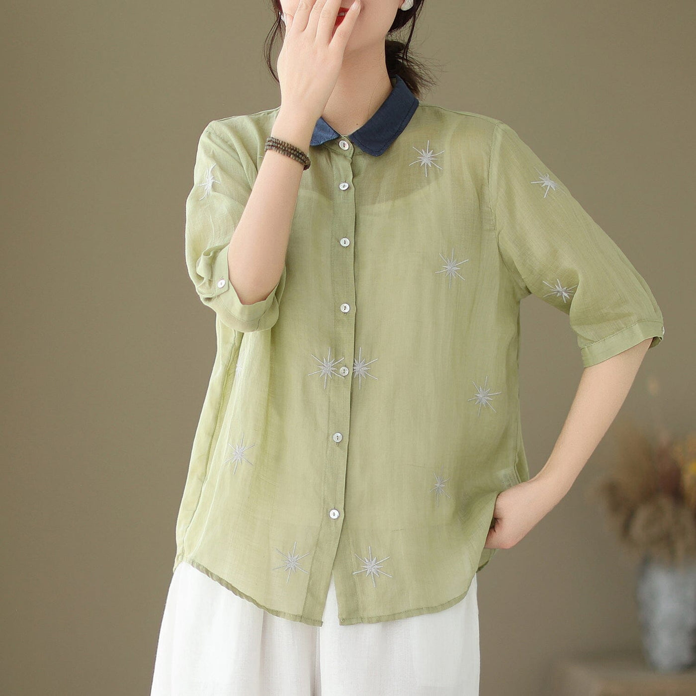 Summer Retro Embroidery Polo Neck Loose Blouse May 2023 New Arrival 