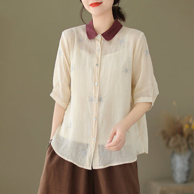 Summer Retro Embroidery Polo Neck Loose Blouse May 2023 New Arrival 