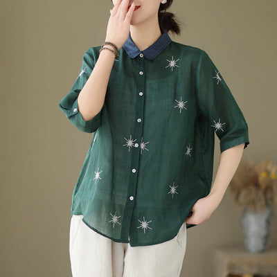 Summer Retro Embroidery Polo Neck Loose Blouse May 2023 New Arrival One Size Dark Green 