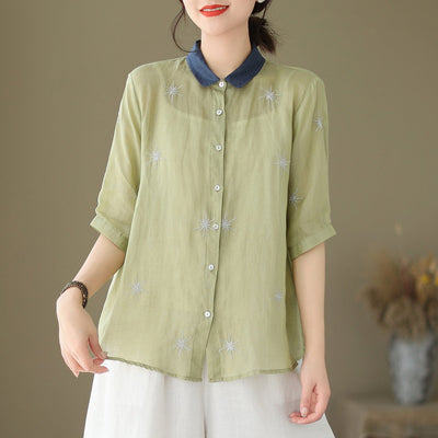 Summer Retro Embroidery Polo Neck Loose Blouse May 2023 New Arrival One Size Green 