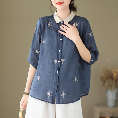 Summer Retro Embroidery Polo Neck Loose Blouse May 2023 New Arrival One Size Navy 