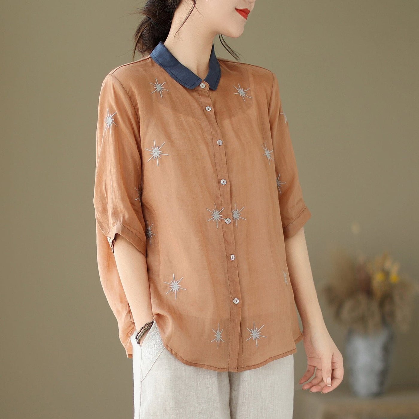 Summer Retro Embroidery Polo Neck Loose Blouse May 2023 New Arrival One Size Orange 