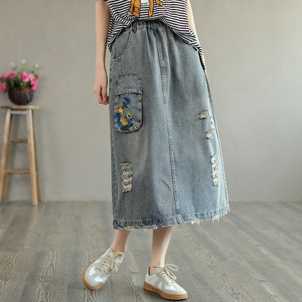 Summer Retro Embroidery Ripped Cotton Denim Skirt